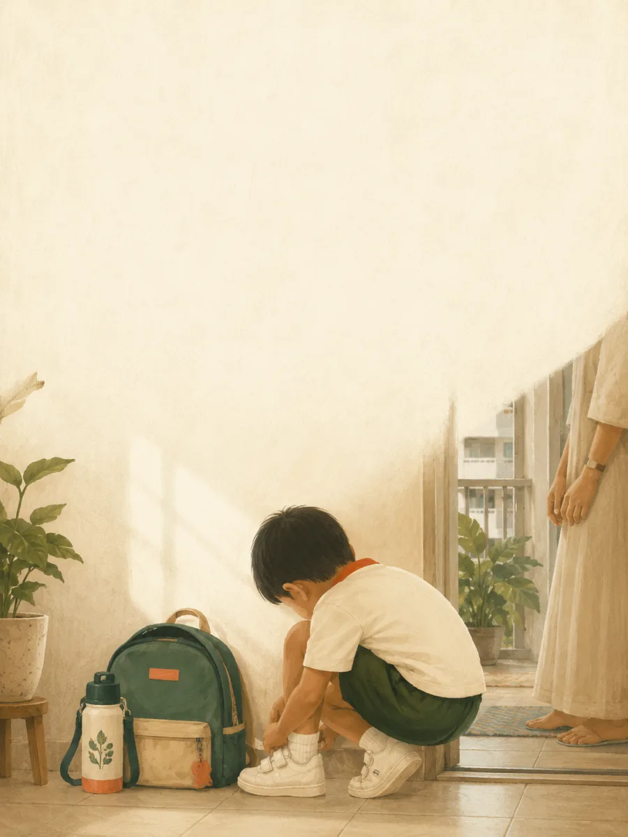 A young child crouched at the doorway of an HDB flat, fastening their own velcro school shoes, with a school bag and water bottle beside them