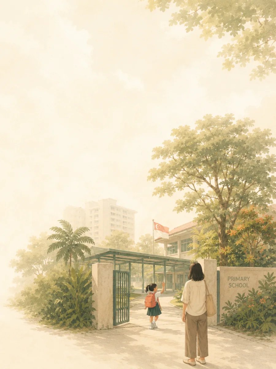 A child in school uniform with a coral backpack stepping through a Singapore primary school gate on the first morning, turning to wave at a parent watching from behind