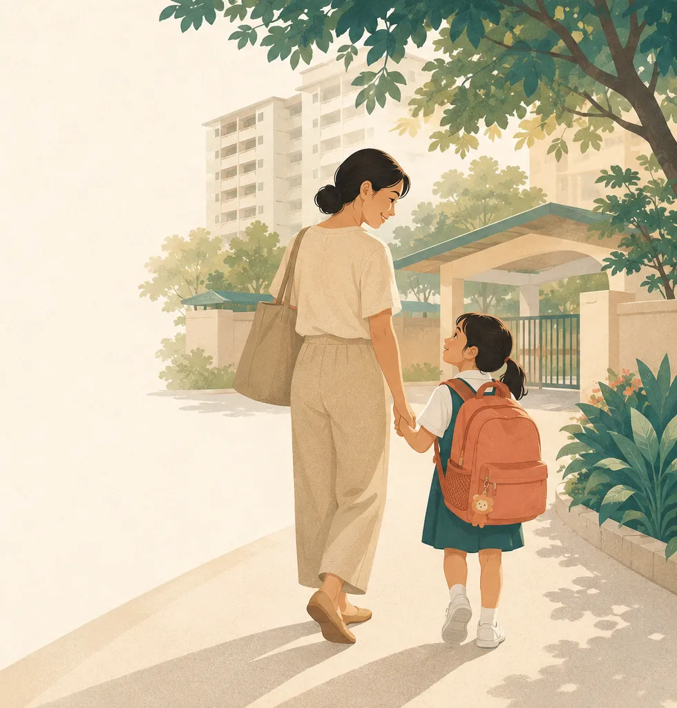 A parent walking their young child, in school uniform with a backpack, to a Singapore primary school