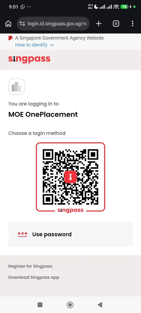 Singpass QR login screen