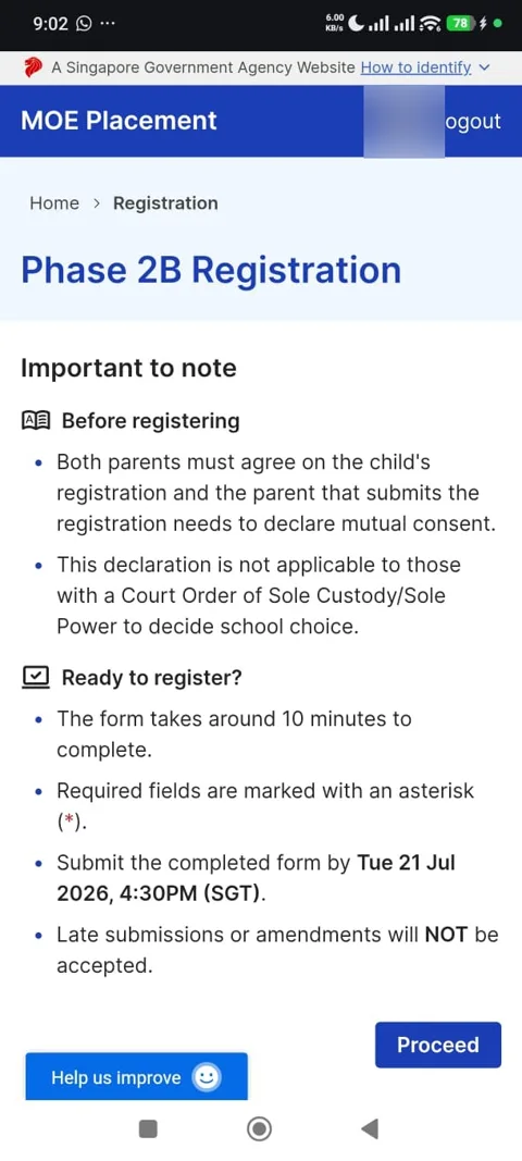 Phase 2B Registration important-to-note screen