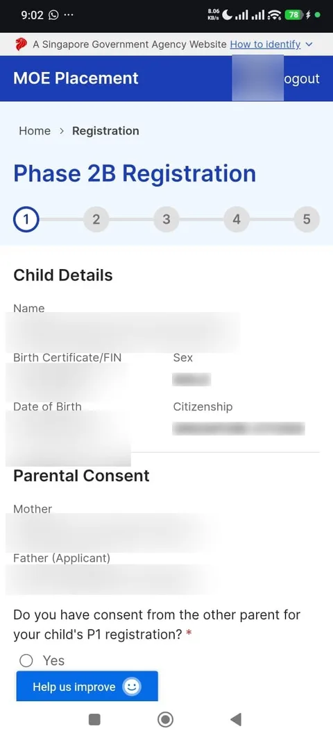 Step 1, Child Details form