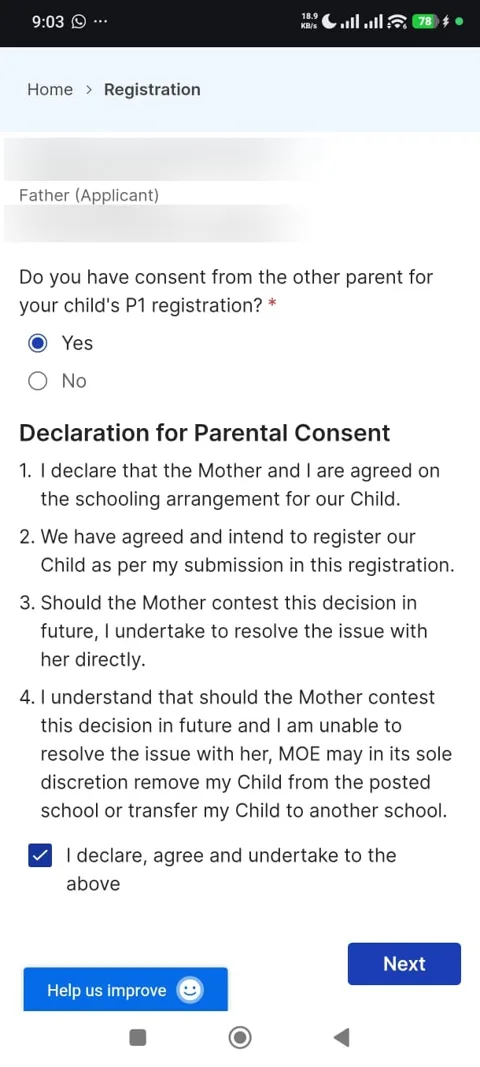 Step 1, Parental Consent declaration
