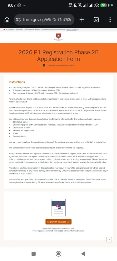 2026 P1 Registration Phase 2B Application Form, form.gov.sg intro page